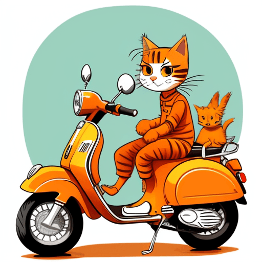 AI generated: an orange cat riding an vespa matic in a cute cartoon style