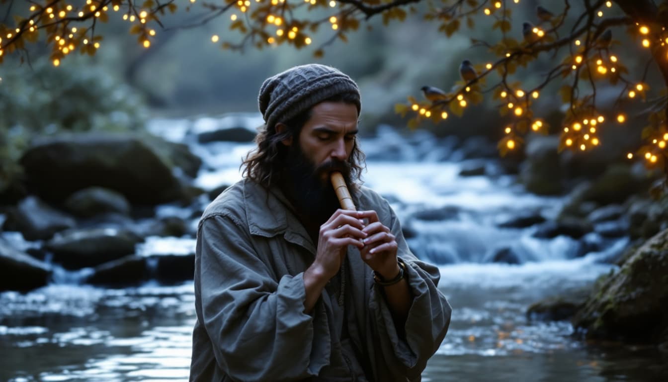 AI generated: Prompt: medium shot of The man plays a reed flute by a bubbling brook, camera tracking the sound as ...