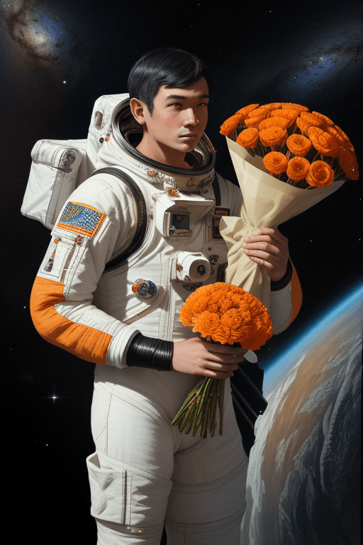 AI generated: (an american man/woman in a space suit:1.3) (holding a bouquet of orange flowers:1.2), by Ross Tran,...