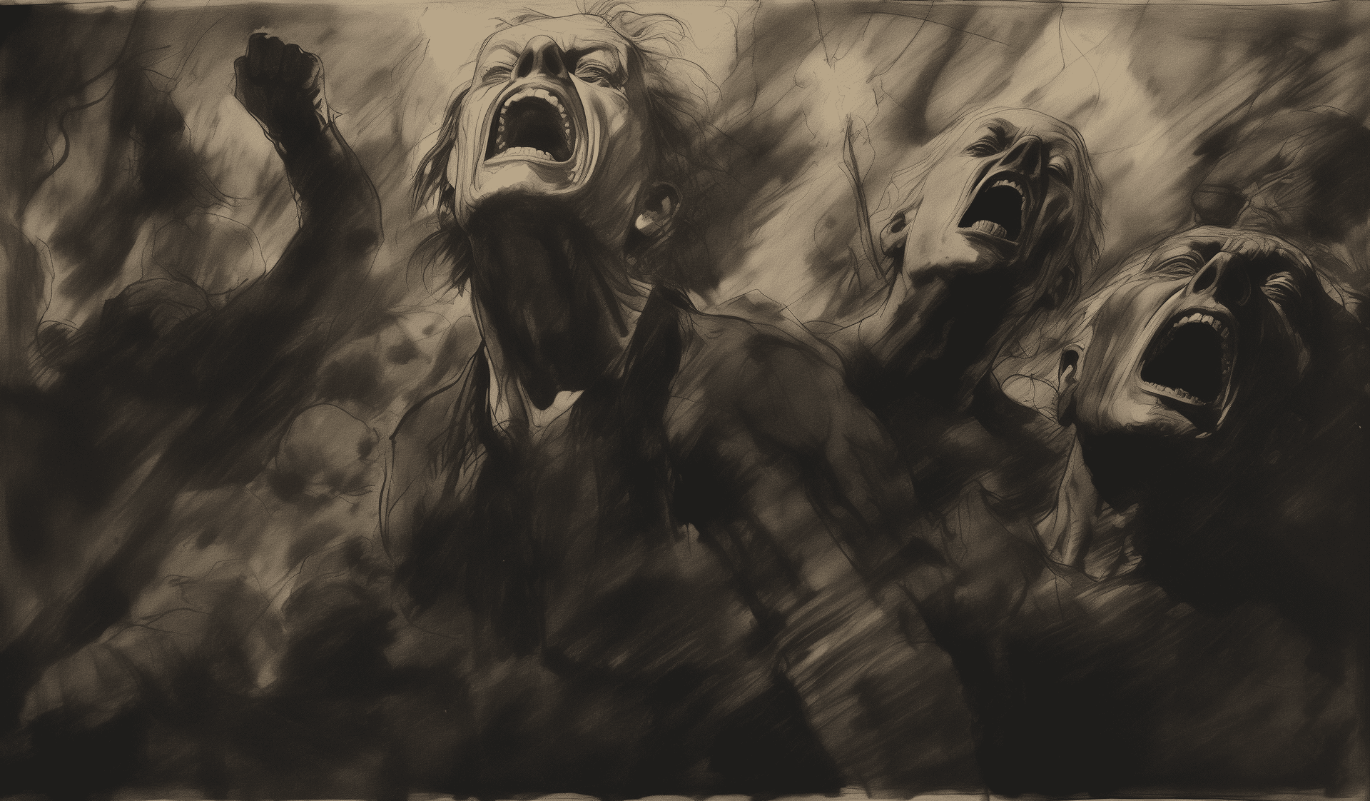 AI generated: A charcoal sketch depicting two giant faces floating above the ground, their mouths wide open as if ...