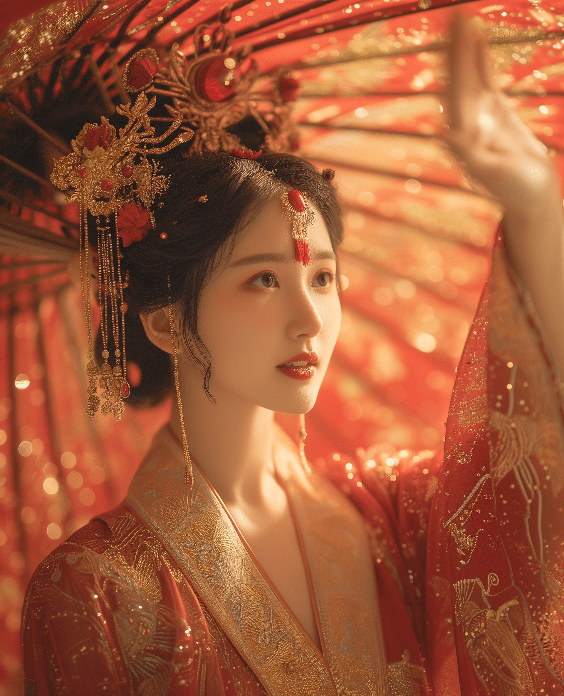 AI generated: a lady in an asian costume waving her hand up in the air, in the style of romanticized nostalgia, re...