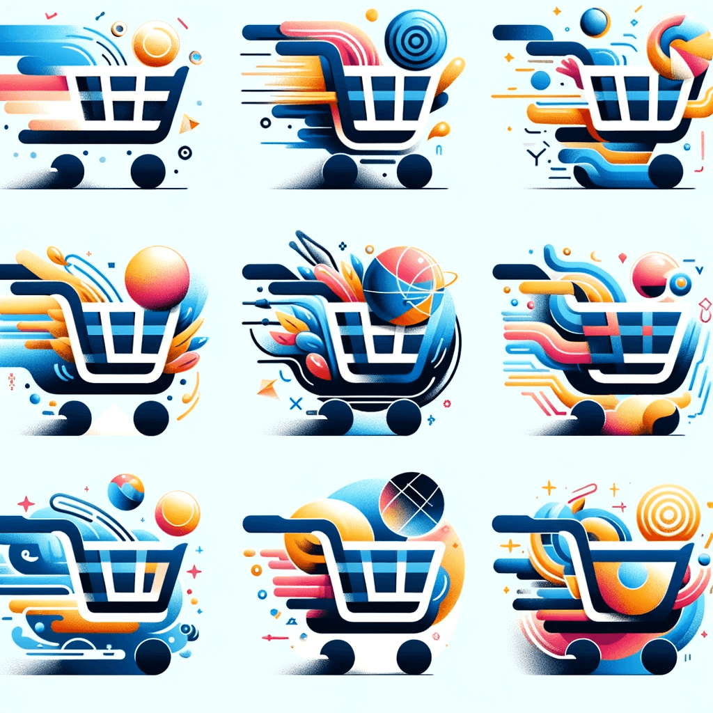 AI generated: Create six versions of a dynamic, joyful logo representing an e-commerce shopping cart. Each version...