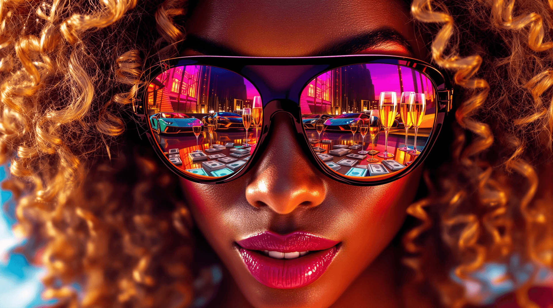 AI generated: a closeup of a beautiful african american woman with brown and blonde curly hair, she is smiling sly...