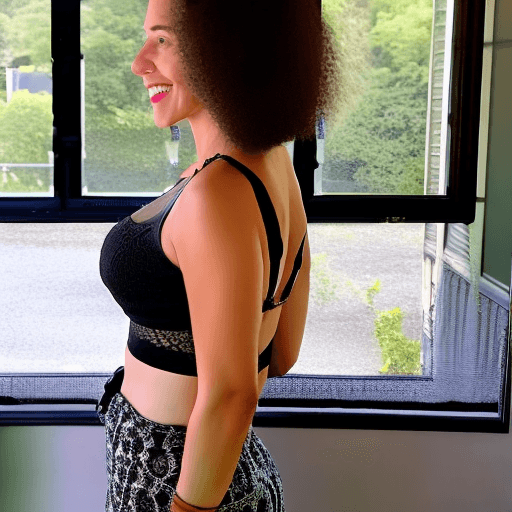 AI generated: A woman with long, wavy hair in a high ponytail, wearing a black lace bra and shorts, stands with he...