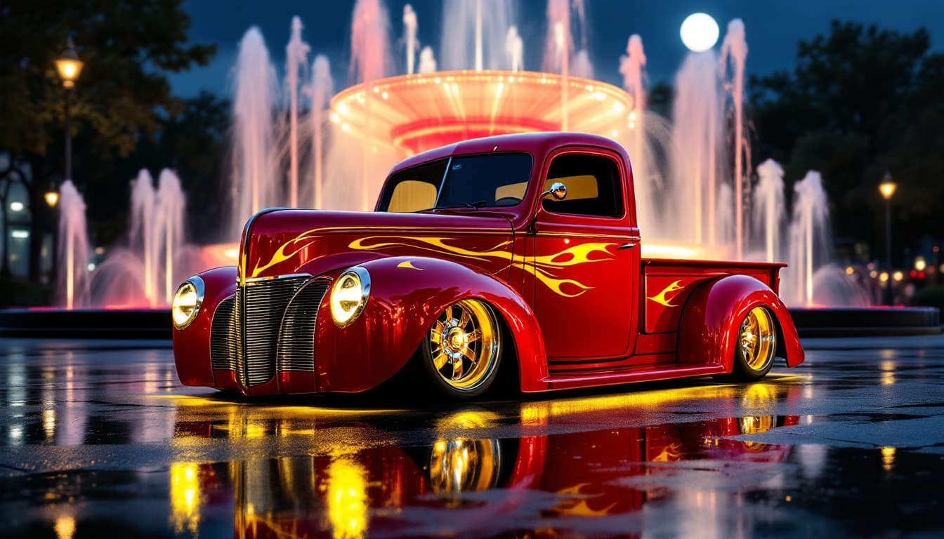 AI generated: A photo realistic 1941 Ford pickup from a front side view. The car is lowered, a glossy bright red b...