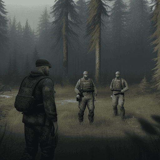 AI generated: A scene on the woods map in the game escape from tarkov. The scene shows 3 usec pmc operatives with ...