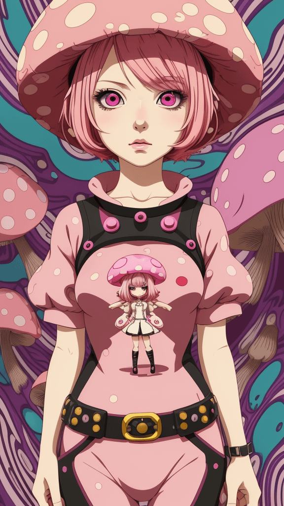 AI generated: in a funky background portrait of little mushroom woman, pink hair, Prominent eyes, funky background...