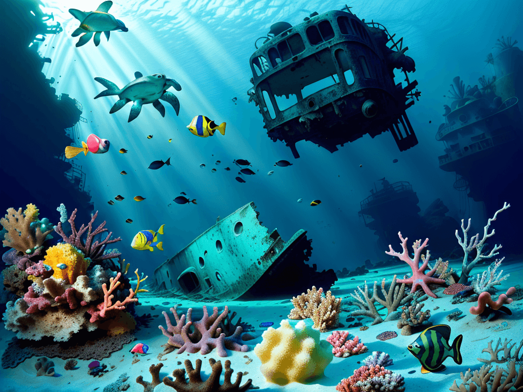 AI generated: Diving photo of caribbean sea, old wreck on the sand, green turtle, flashy fishes, corals, sponge, d...