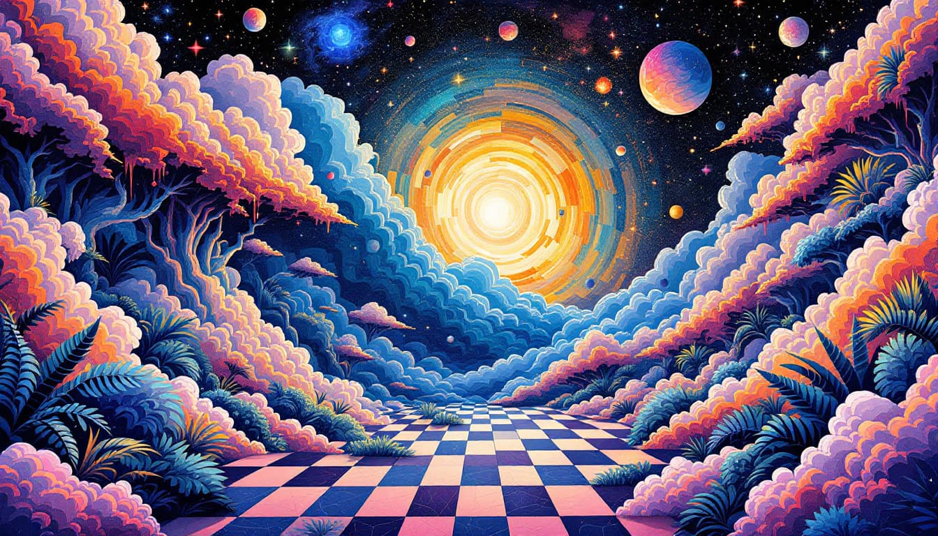 AI generated: Dark psychedelic astral, Cosmic space, art deco poster style, geometrical clouds dripping tropical p...