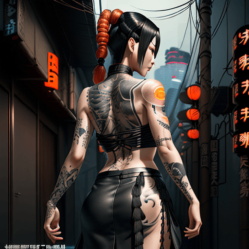 AI generated: ispired by artgerm, a full back tattooed japanese woman with long black braid, back against camera, ...