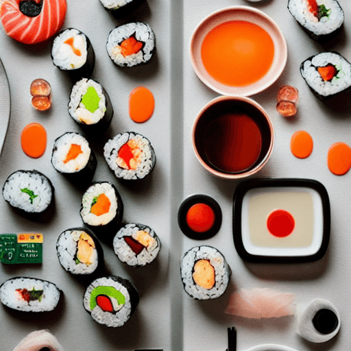 AI generated: perfect sushi knolling :: Wes Anderson color palette, studio lighting, low contrast, 8k --q 2 --v 5 