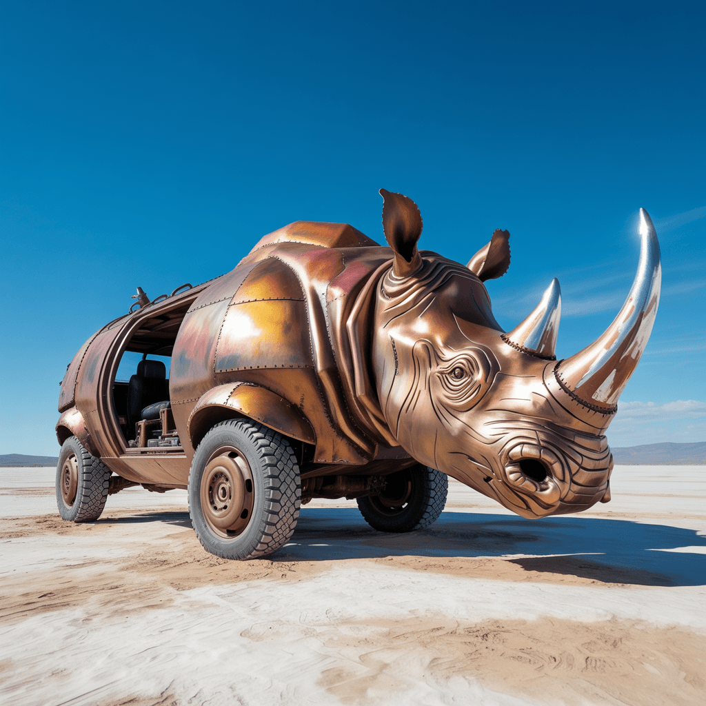 AI generated: A large, rusted metal vehicle is sculpted in the shape of a rhinoceros, with a realistic, armored te...