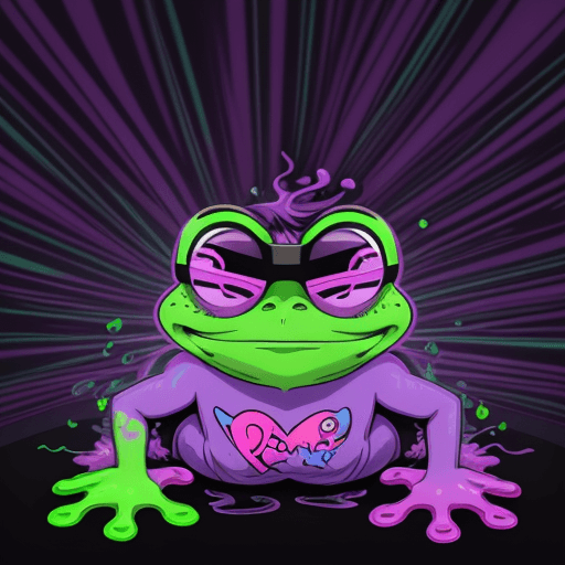 AI generated: bold neon colors, cartoon style illustration of a lazy famous purple Pepe meme frog with purple skin...