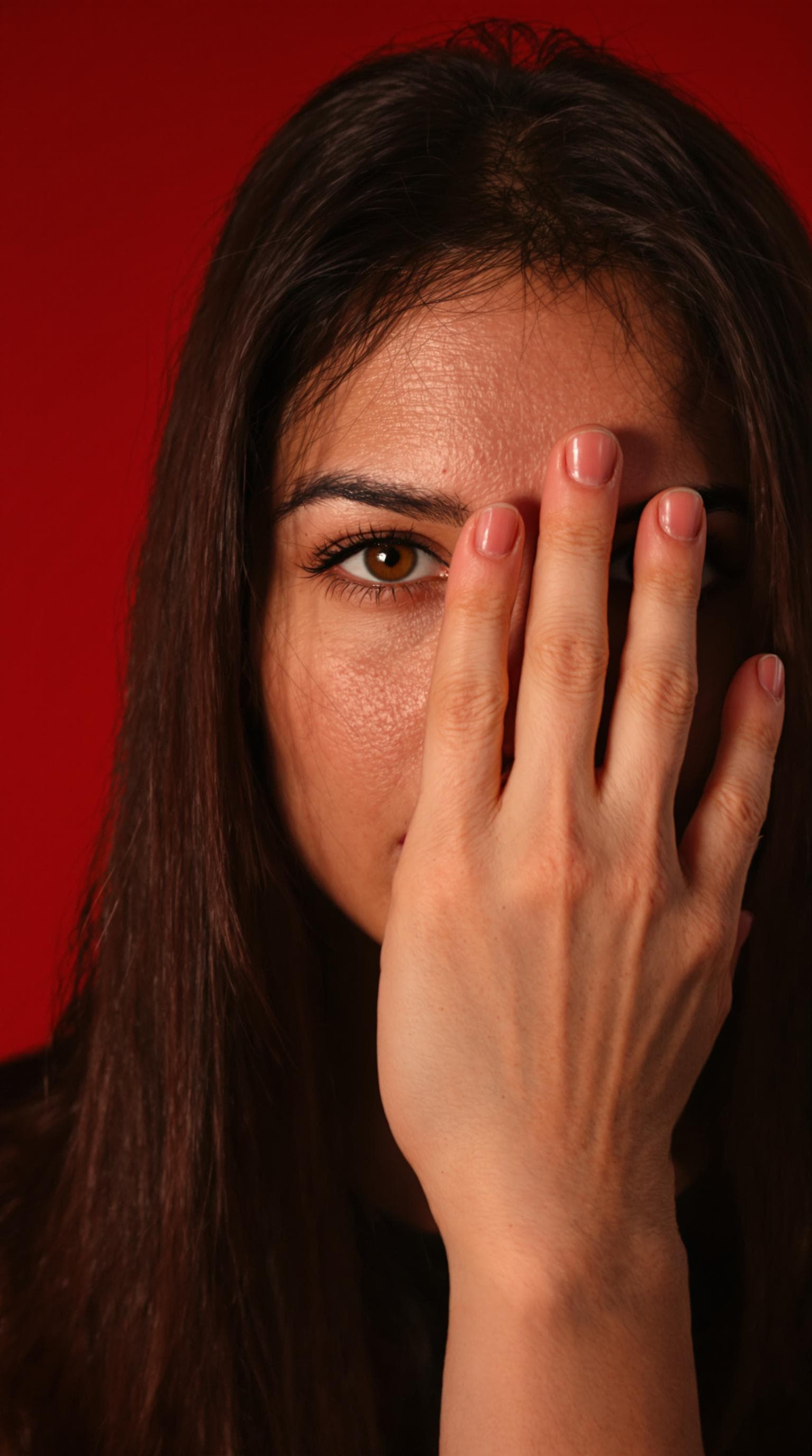 AI generated: image of a woman with a thoughtful expression, covering half of her face with her hand, pure red bac...