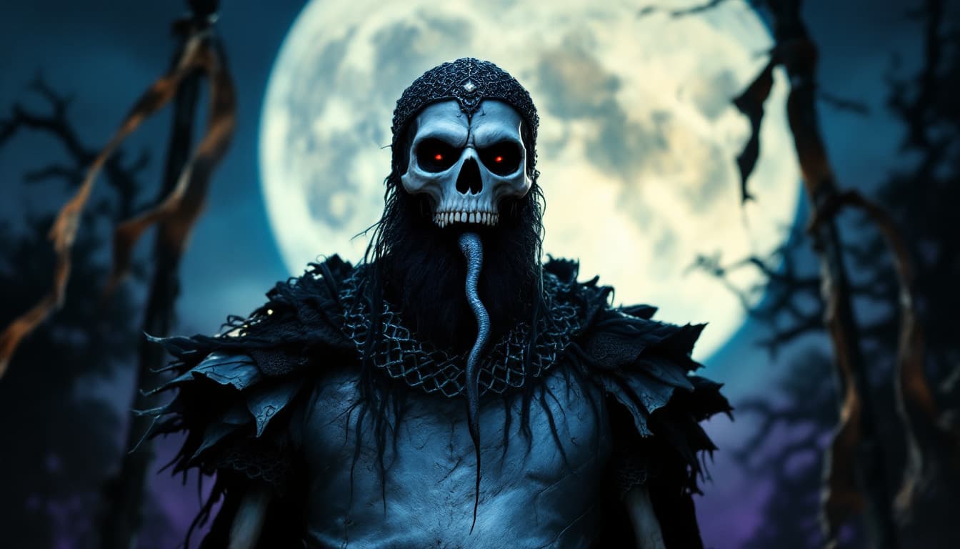 AI generated: an eerie skeletal warrior standing in front of a full moon, exuding an eerie and haunting atmosphere...
