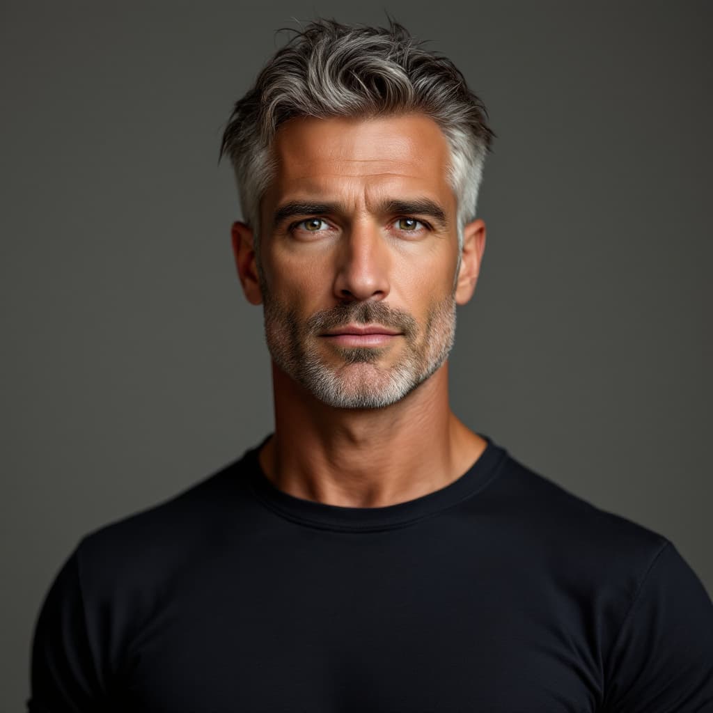 AI generated: Cinematic-style portrait of a 43-year-old white American man, light tan skin, textured brown hair wi...