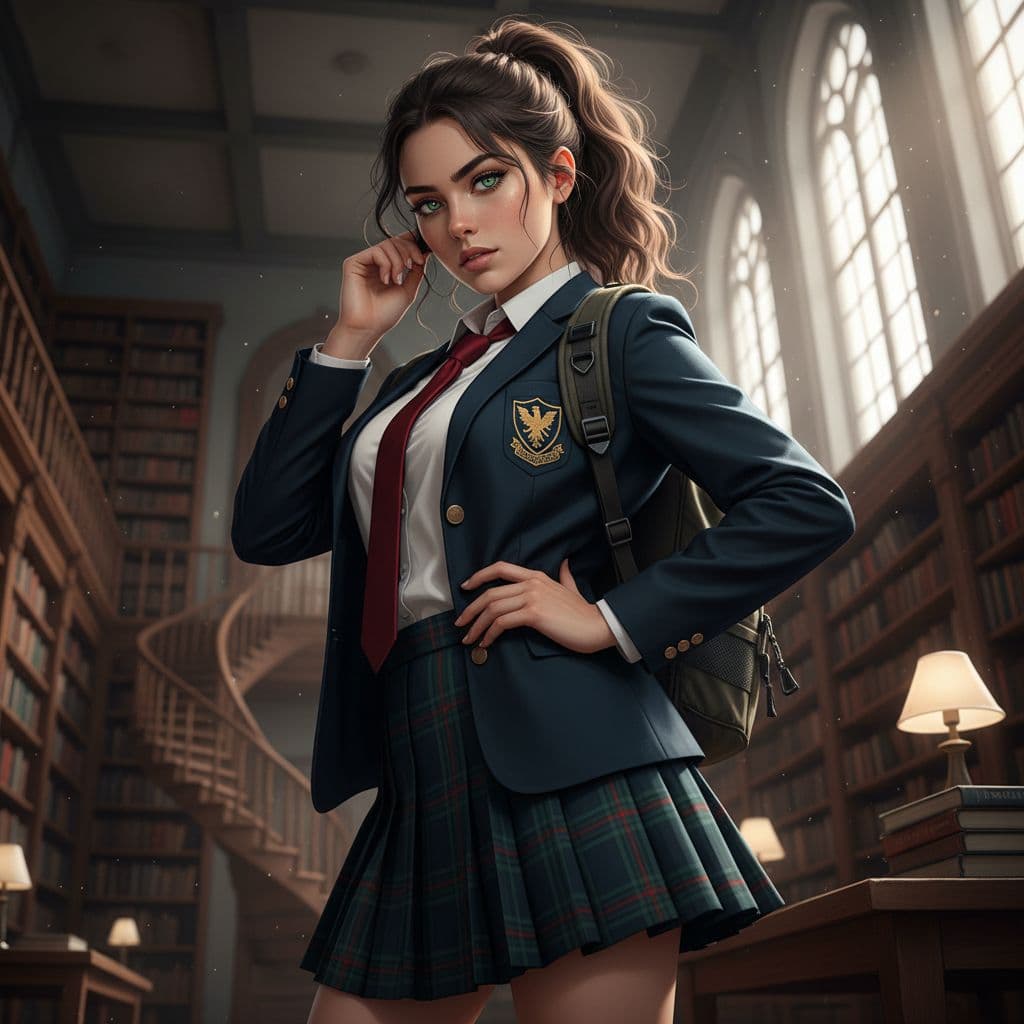 AI generated: There is a 19 year old girl in a plaid skirt posing for a picture, real life natural look, ((officia...