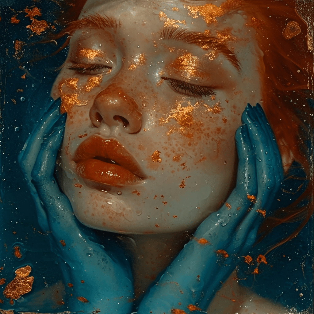 AI generated: A woman in blue paint with a red hair, in the style of hyperrealistic marine life, dark gold and gol...