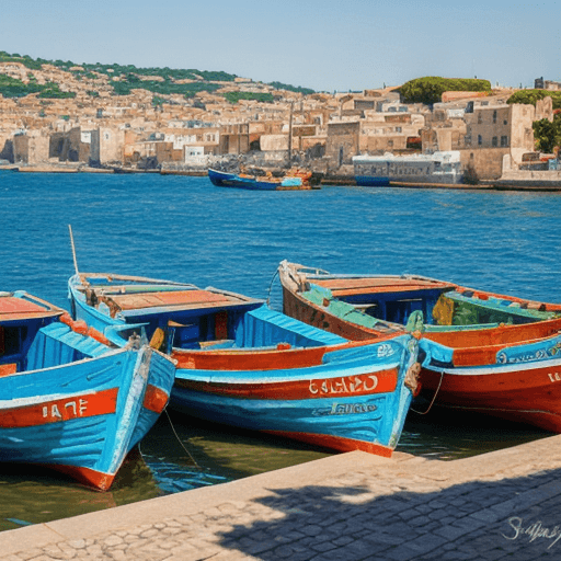 AI generated: boukaabka port, blue fishing boats a city scene, in the style of the snapshot aesthetic, claude mone...