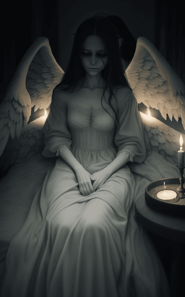 AI generated: Craft a haunting scene of a person on their deathbed, enveloped in a somber atmosphere that evokes a...