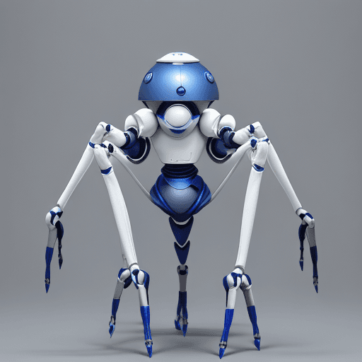 AI generated: arachnid robot, long top droid head, blue & white color, no arms, four long legs