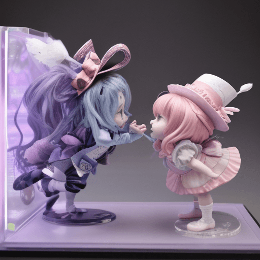 AI generated: Alice in wonderland Mad Hatter and Alice kissing::3 dark matter::1 quantum dot display::1 miniature ...