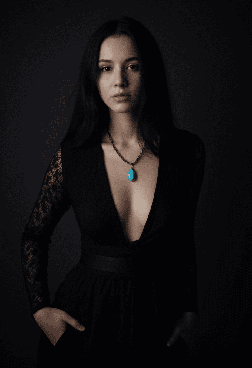 AI generated: A woman with dark hair and a neutral expression is captured in this image. She wears a black lace dr...