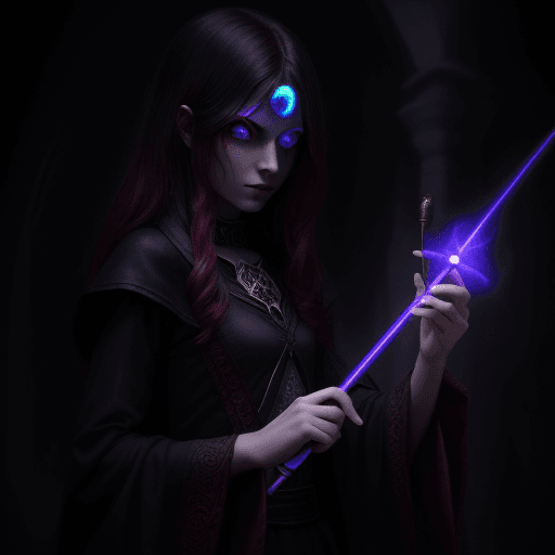 AI generated: dark magical with red light eyes , the wand in hand and magic head.