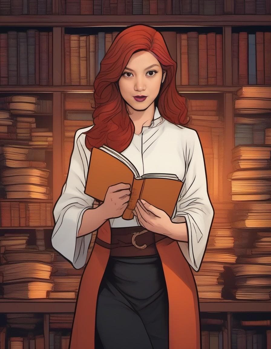AI generated: a red-haired, a book, witchraft, academia, black comic art, close-up, american comics, character, li...