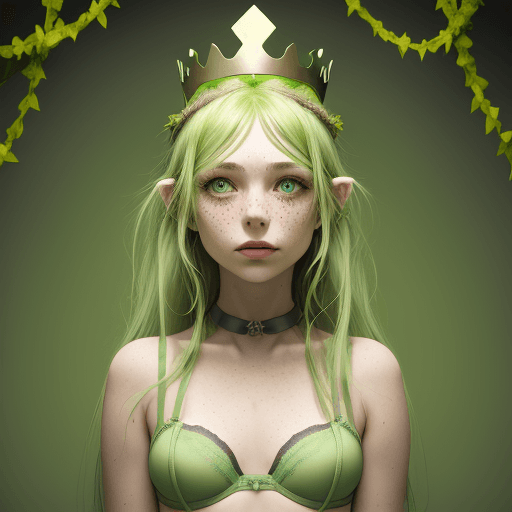 AI generated: 1 girl, solo, long hair, green collar, light green hair, freckles, bra made with vines , wearing a c...