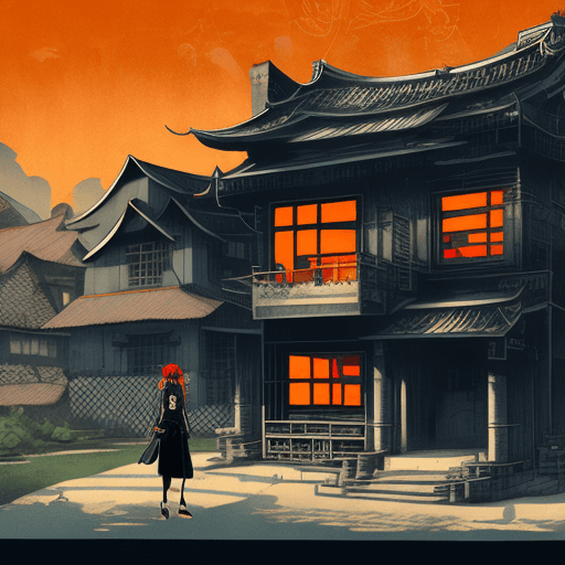 AI generated: a woman in sunglasses beside an old-fashioned house, in the style of cyberpunk manga, ross tran, Chi...