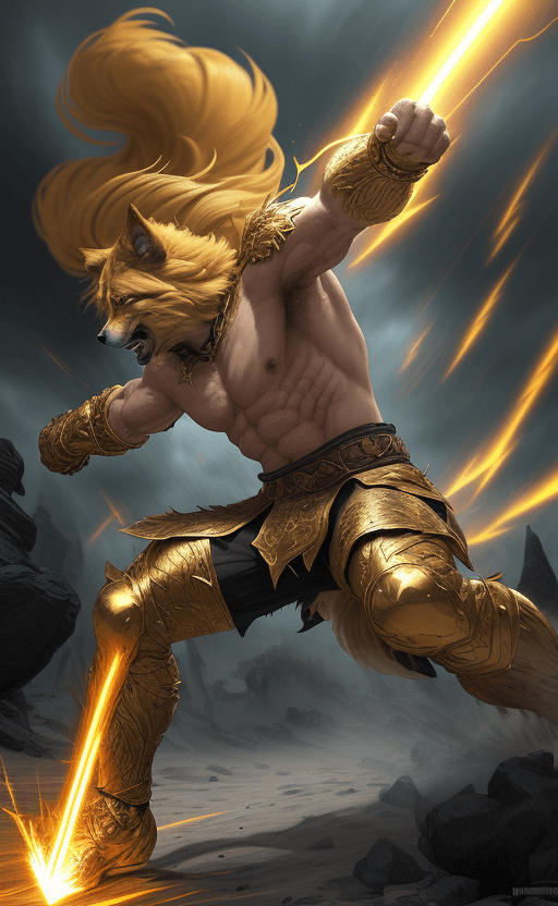 AI generated: "painterly style, dog warrior fighting at war, raging, golden Fur, character design, body is adorned...