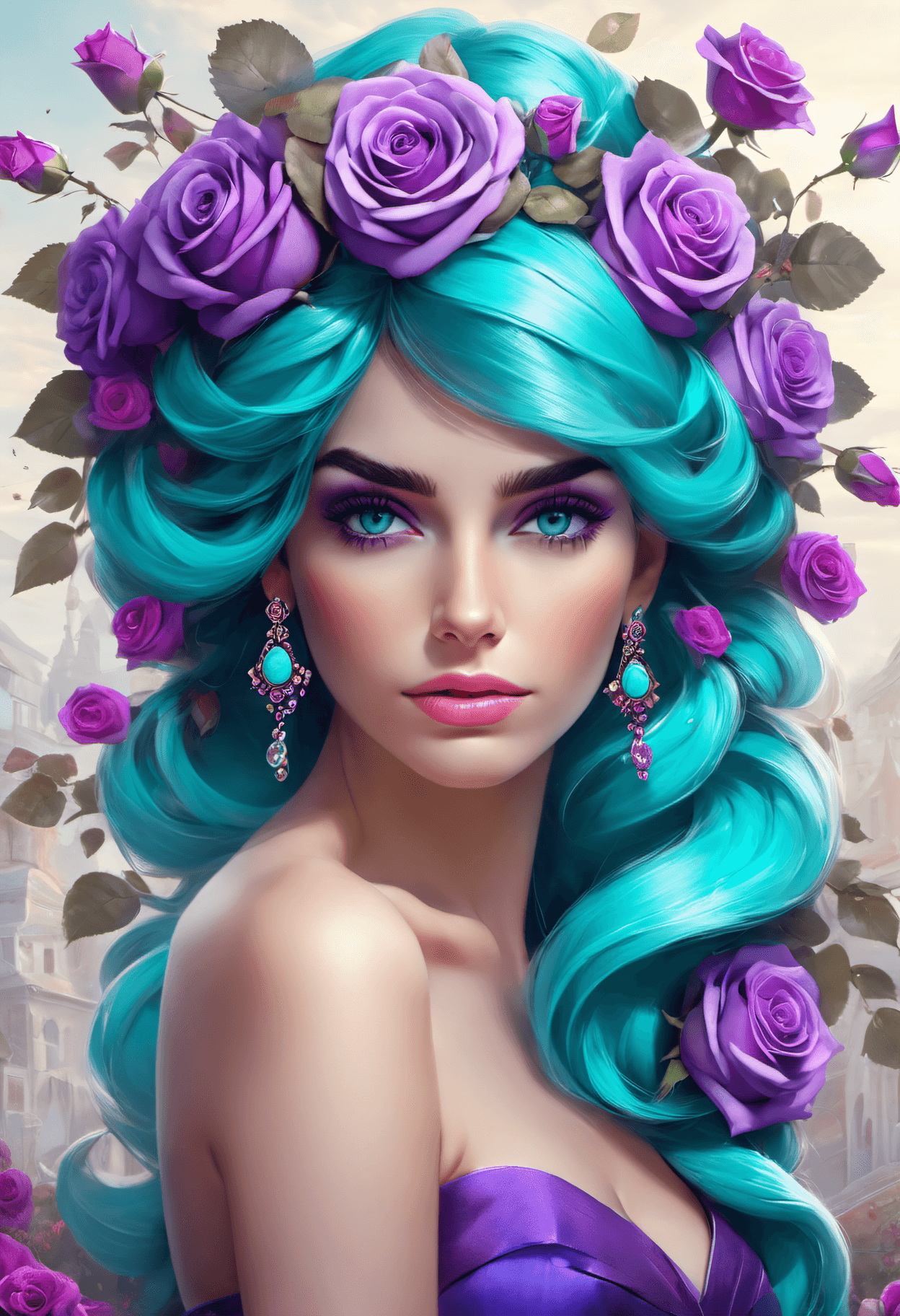 AI generated: Masterpiece, Best Quality, woman with turquoise jewels in her hair and purple roses . , 8k, UHD, HDR