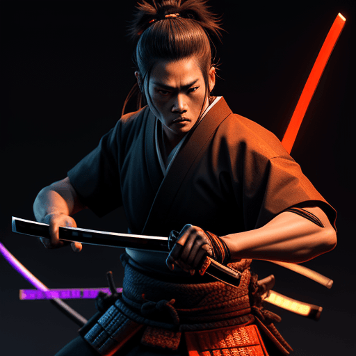 AI generated: A samurai holding two katanas', running towards the suspect, neon background, ultra realistic shedde...