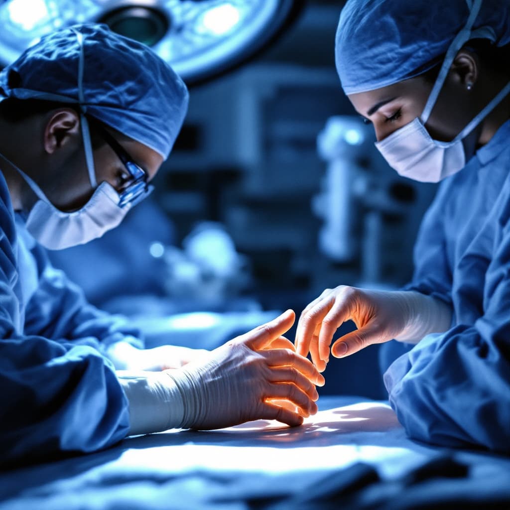 AI generated: `/imagine prompt: Surgical team in high-tech operating room, focus on hands:

South Asian surgeon's ...