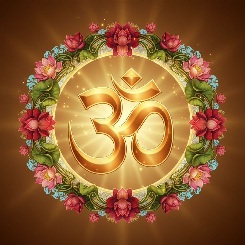 AI generated: The central symbol is a golden sign "ॐ (Om)", made in 3D volume with soft highlights, shine and poli...