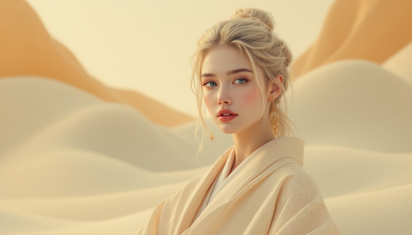 AI generated: Create a digital artwork of a young Caucasian woman in her 20s with blonde hair and blue eyes, dress...