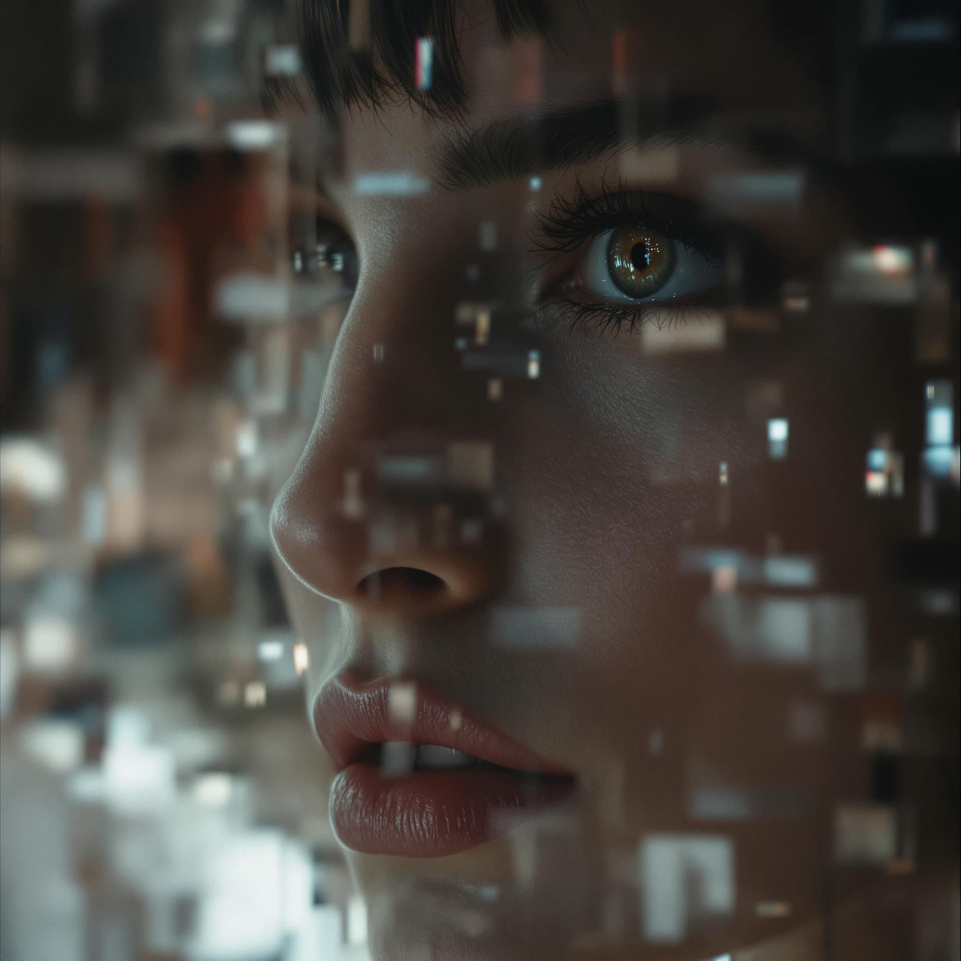 AI generated: A sad woman looks at mirror.  Theres many endless reflections.  Dark light . Sad mode . Hyperrealist...