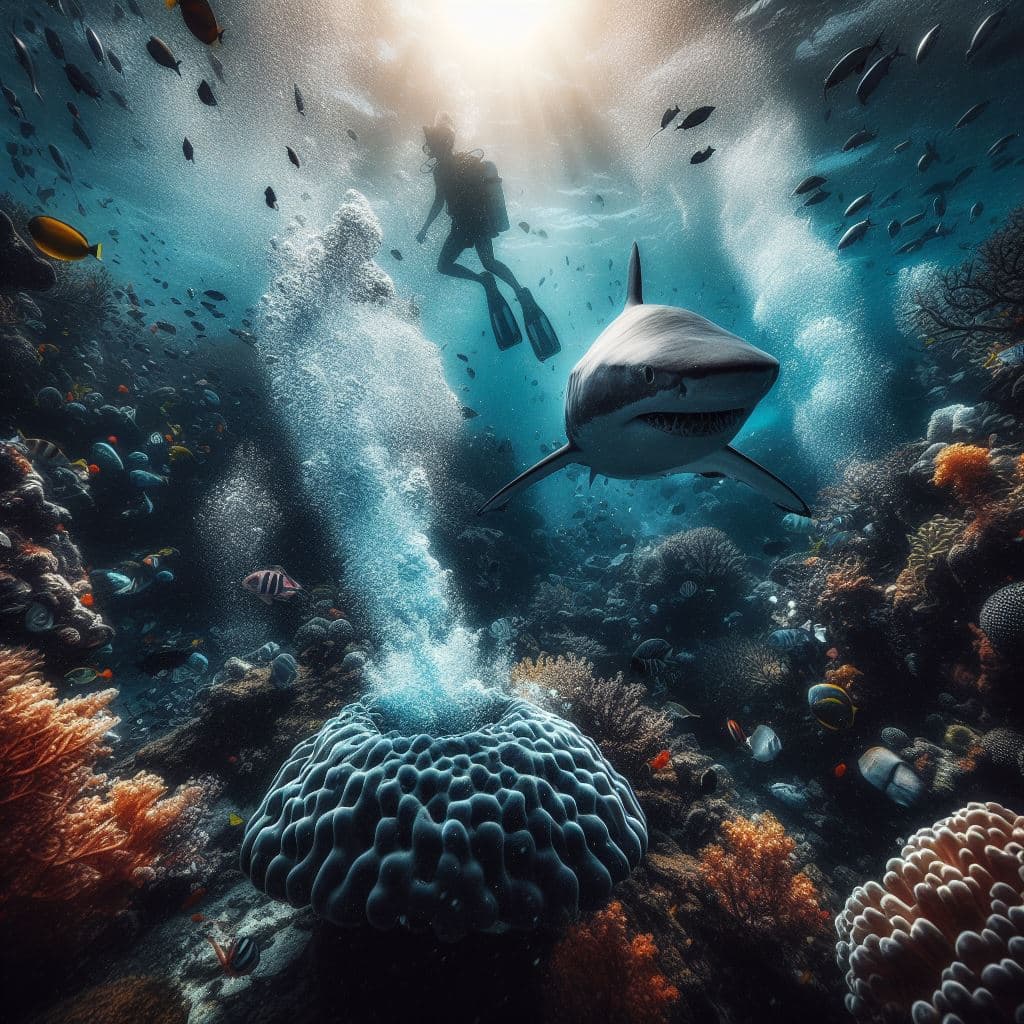 AI generated: A shark coming out of the shadows, towards a diver, with an underwater volcanic rock. A trail of bub...