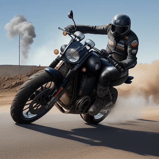 AI generated: Niveau des yeux hyper réaliste UN MONSTRE DE MOTO EN NO MANS LAND MAKE UN BURNOUT