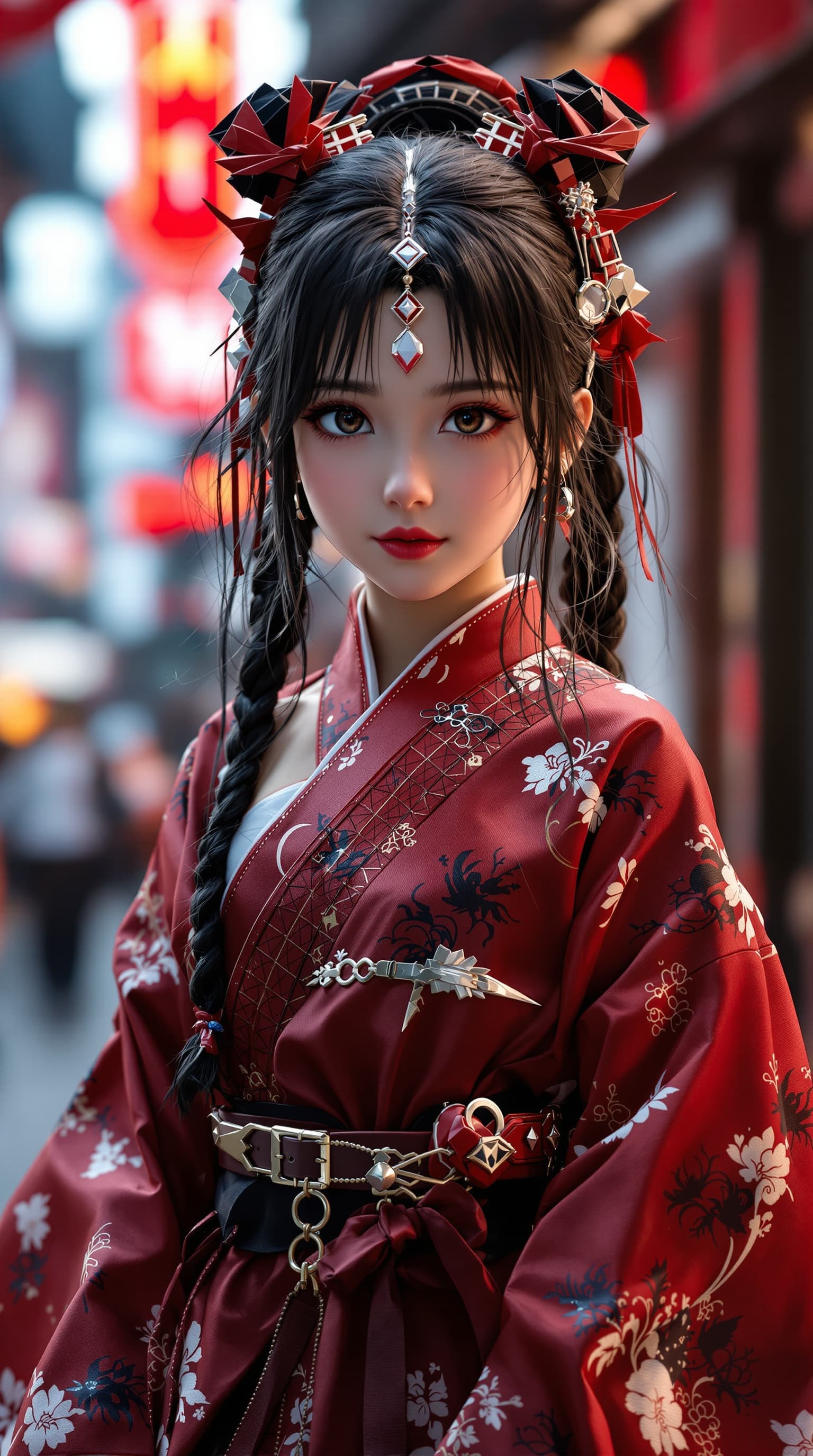 AI generated: A hyper-realistic depiction of a beautiful seven year old cosplayer, Japanese girl dressed as Nezuko...