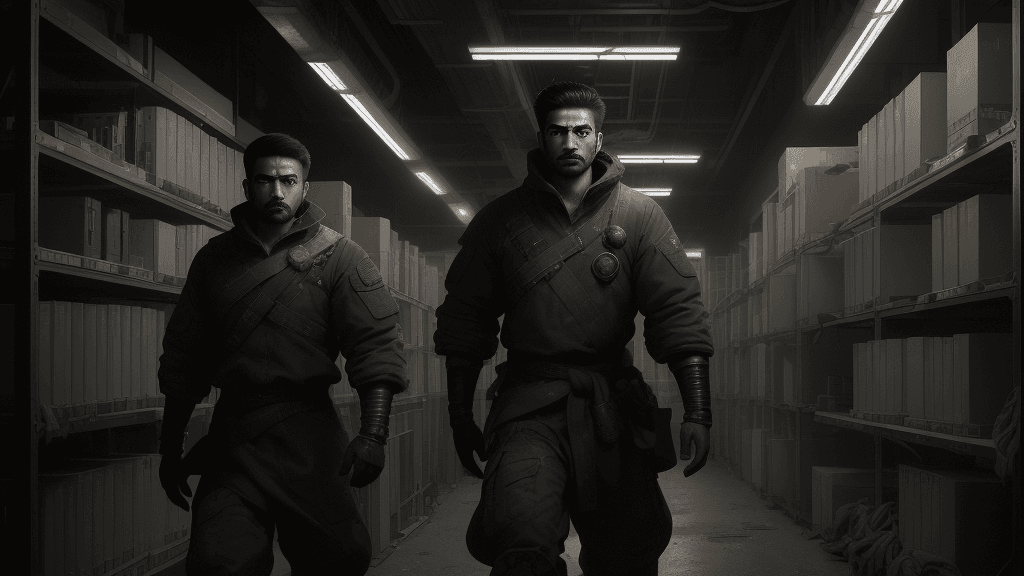 AI generated: Picture Kiro a resilient warrior
 and his team in a dimly lit underground facility. They stand amids...