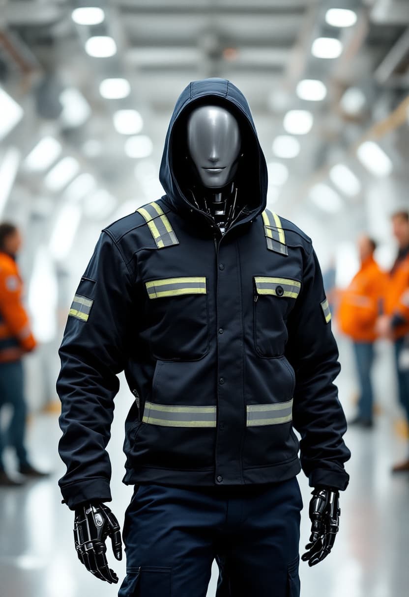AI generated: "A humanoid robot designed to look like a man, wearing real work clothes — a black hooded jacket wit...