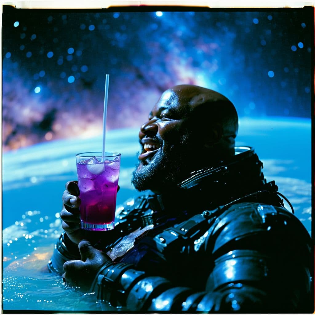 AI generated: grainy 80's photograph quality polaroid of big fat bald elated black man floating in space with a pu...