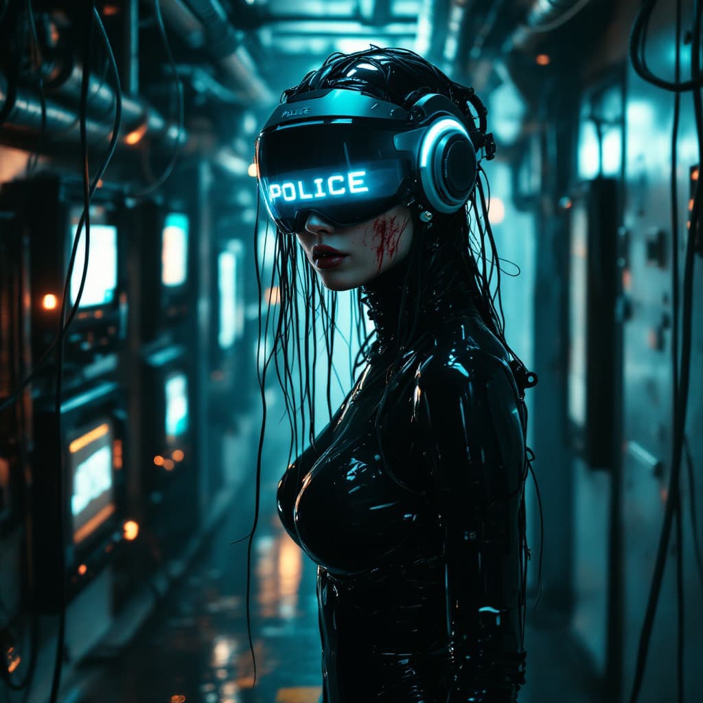 AI generated: 3 quarter angle of a  futuristic cyberpunk humanoid with a sleek black latex bodysuit, wearing a hig...