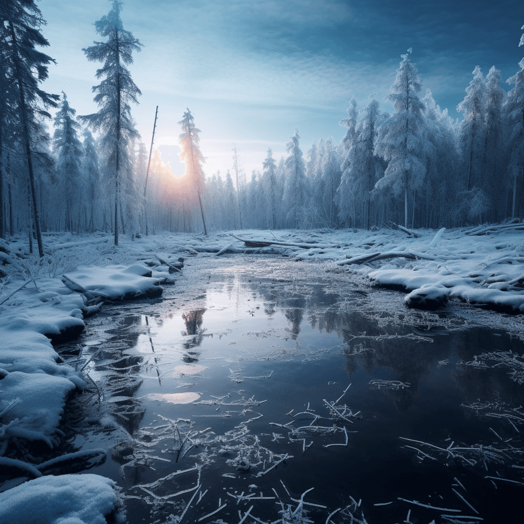 AI generated: frozen taiga forest, winter, small lake, complex details, cinematographic lighting, hd, fantasy styl...