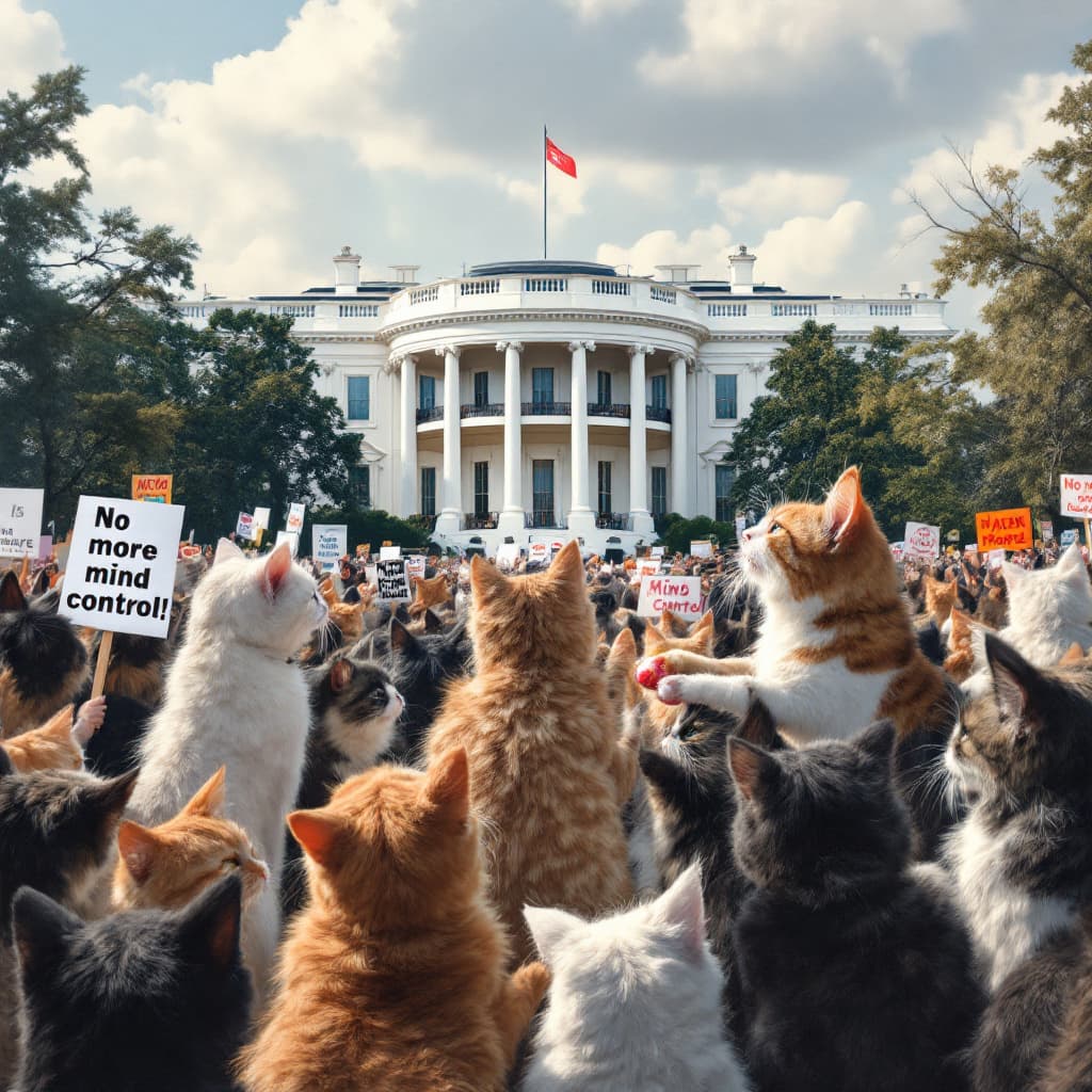 AI generated: A large crowd of picketing cats in front of the White House. They are carrying signs saying: "no mor...