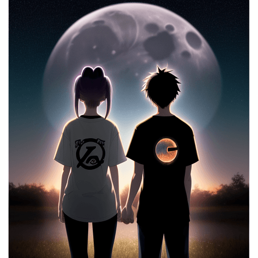 AI generated: A young anime couple stands with their backs to the viewer. The boy's shirt features a large letter ...