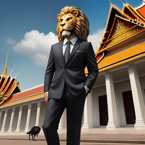 AI generated: a Lion dressed in a business suit, in front of Royal Palace in Bangkok Thailand, digital art