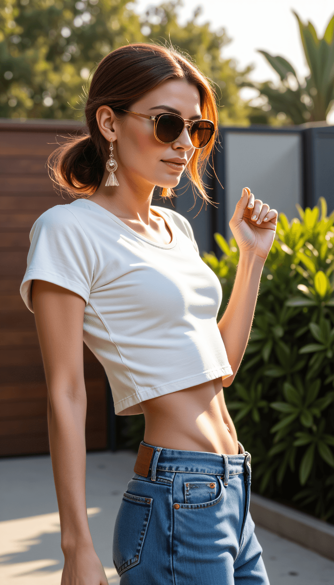 AI generated: A stylish 24 year woman standing outdoors in a modern garden setting, striking a carefree and playfu...